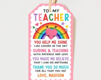 Teacher Poem Teacher For Teacher Appreciation Tags, Rainbow Thank You Tags For Teacher Week, Last Day Of School, Edit With Canva