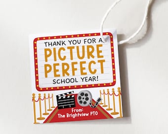 Etiquetas de agradecimiento para profesores con temática de Hollywood, etiqueta de regalo para una noche de cine perfecta, etiquetas de alfombra roja para el personal, edición con Canva