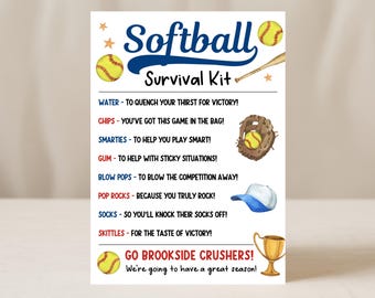 Softball Survival Kit Tag, Sports Team Favor Bag Tag Printable, Gift For Softball Player Or Coach, Edit With Canva