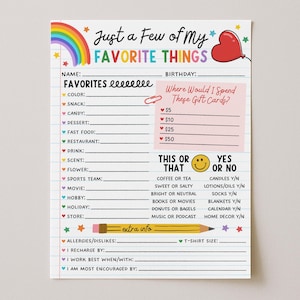 May include: A colorful printable "Just a Few of My Favorite Things" worksheet. The design includes a rainbow, heart balloon, and pencil. It has sections for favorites, gift card spending, and "This or That" questions.