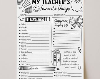 Lijst met favoriete dingen voor docenten, leer mij kennen vragenlijst voor docenten afdrukbaar, alles over mijn docent-klasenquête, bewerken met Canva