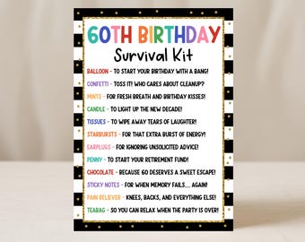 60th Birthday Survival Kit Tag, Born in 1965 Funny Gag Gift For Friends, Old Age Humor, Care Package Favor Bag Tags DIY, Edit With Canva