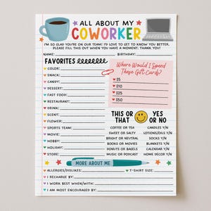 Peut inclure: Une feuille de papier lignée avec le texte "ALL ABOUT MY COWORKER" et des sections à remplir pour les préférences personnelles. Comprend une tasse à café, un ordinateur portable et l'expression "MORE ABOUT ME".