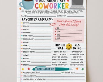 Plantilla imprimible "Todo sobre mi compañero de trabajo", lista de favoritos de empleados, plantilla de cuestionario "Cosas favoritas", encuesta "Todo sobre mí", edición con Canva