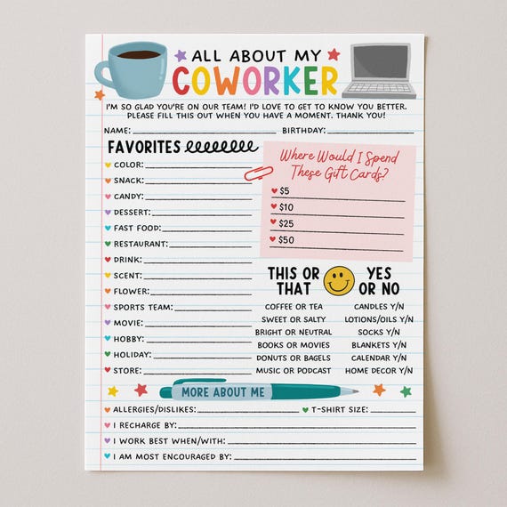 All About My Coworker Printable, Employee Favorites List, Favorite Things Questionnaire Template, All About Me Survey, Edit With Canva