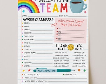 Encuesta para miembros del equipo "Cosas favoritas", agradecimiento al personal para fomentar el espíritu de equipo, ideas de regalos para empleados, cuestionario "Todo sobre mí", edición con Canva