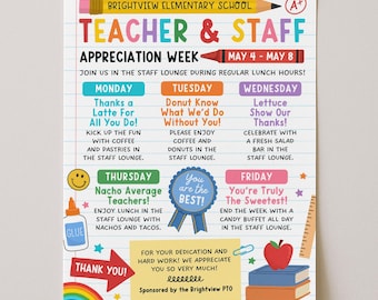 Póster del itinerario de la Semana de Reconocimiento al Maestro, folleto de almuerzo para el personal, boletín escolar de eventos semanales de la Semana del Maestro, edición con Canva