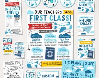 Reisthema Teacher Appreciation Week, vliegtuigflyer, borden, deurhanger, cadeaulabels, etiketten voor voedseltenten, cupcaketoppers, bewerken met canvas