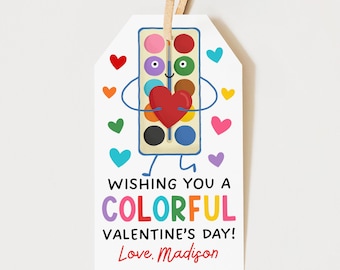 Paint Valentine Gift Tag For Kids Printable, Classroom Preschool Colorful Watercolor Valentines Day Card Favor Tags, Edit With Canva