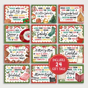 Puede incluir: Un conjunto de 24 etiquetas de regalo navideñas con diseños y texto festivos. Cada etiqueta presenta ilustraciones y frases temáticas de vacaciones como "A Gift For You", "Hot Cocoa" y "Movie Night". Las etiquetas son rojas, verdes y blancas.