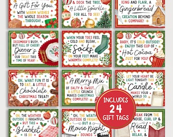 May include: A set of 24 Christmas gift tags with festive designs and text. Each tag features holiday-themed illustrations and phrases like "A Gift For You," "Hot Cocoa," and "Movie Night." The tags are red, green, and white.