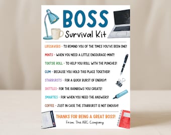 Boss Survival Kit Tag, Happy Boss Day Appreciation Gift, Editable Funny Thank You Tag For Manager, Candy Treat Favor Bag, Edit With Canva