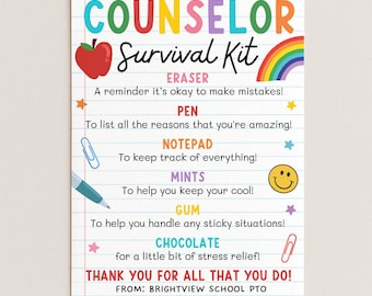 Etiqueta para kit de supervivencia del consejero, cesta de regalo para el consejero del primer día de clases, etiqueta para dulces de regreso a clases, regalo para el nuevo año escolar, editar con Canva