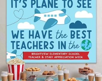 Banner imprimible para la Semana de Agradecimiento al Profesorado con temática de viajes. Plantilla de póster para la Semana del Profesorado: Avión alrededor del mundo. Editar con Canva.