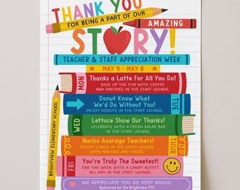 Verhalenboekthema Flyer voor docenten met waarderingsweek, bedankt dat je deel uitmaakt van ons verhaal Wekelijkse evenementen voor docentenweek, bewerken met Canva