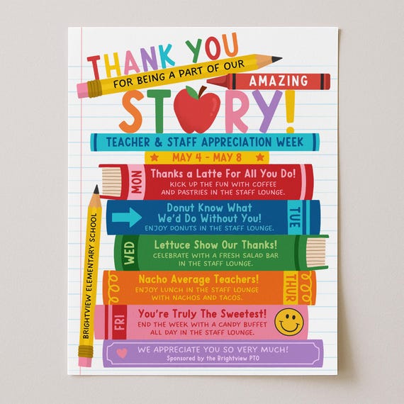 Storybook Theme Teacher Appreciation Week Itinerary Flyer, Thanks For Being A Part Of Our Story Teacher Week Weekly Events, Edit With Canva