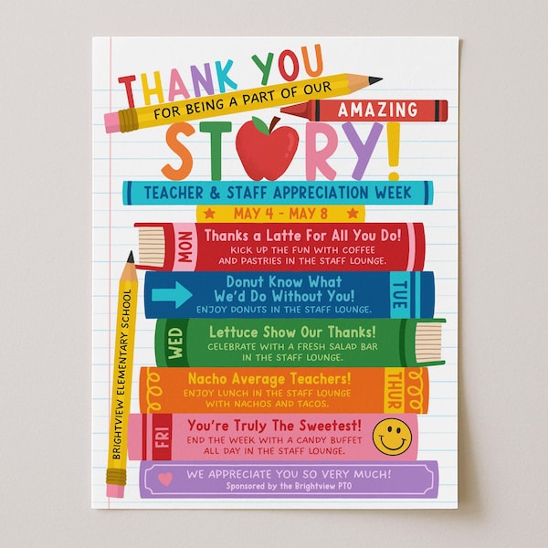 Storybook Theme Teacher Appreciation Week Itinerary Flyer, Thanks For Being A Part Of Our Story Teacher Week Weekly Events, Edit With Canva