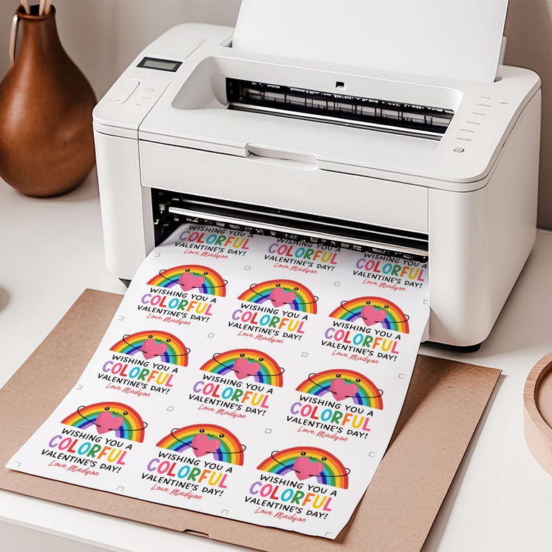 May include: A white printer printing Valentine's Day stickers. Each sticker features a rainbow, heart, and the text "Wishing You a Colorful Valentine's Day!" in various colors. The printer is on a white surface.