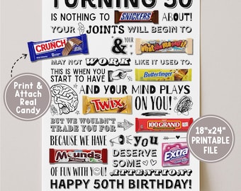 Póster imprimible de dulces para el 50 cumpleaños, regalo para compañeros de trabajo o amigos nacidos en 1976, cartel de barra de dulces para decoración de fiestas, carta de dulces para hitos