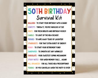 50e verjaardag Survival Kit-tag, grappige grap cadeau voor vrienden collega, geboren in 1975 Care Package Favor Bag Tags DIY, bewerken met canva
