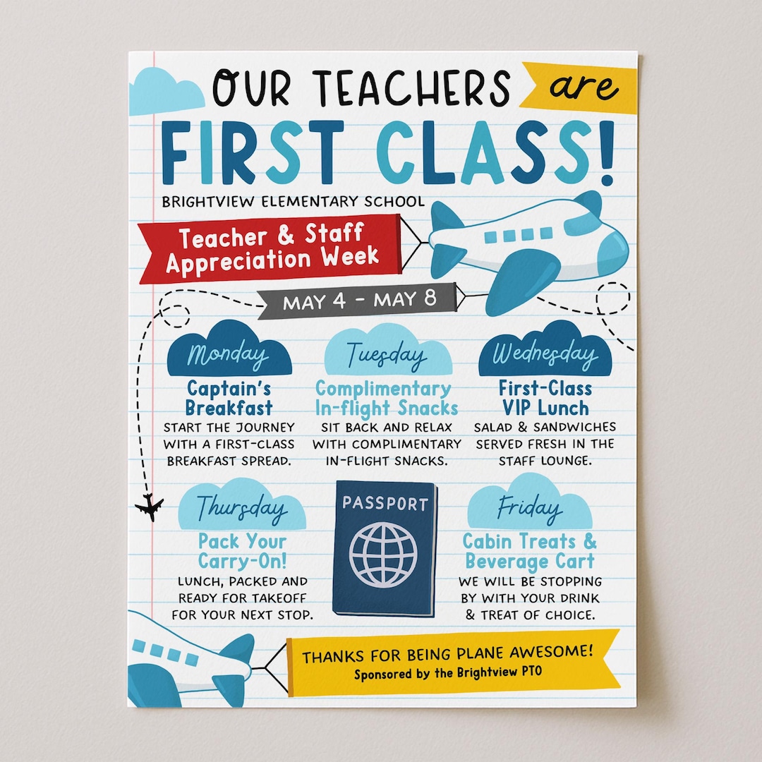 Travel Theme Teacher Appreciation Week Itinerary Flyer, Plane Awesome ...
