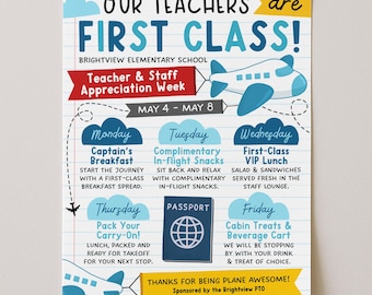 Travel Theme Teacher Appreciation Week Itinerary Flyer, Plane Awesome Staff Teacher Week Lunch Flyer, School Weekly Events, Edit With Canva