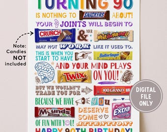 90th Birthday Candy Poster Printable, Turning 90 Candy Gram Card DIY, Born in 1935 Candy Table Sign For Party Decor, Instant Download