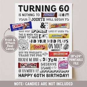 Può includere: Un cartello stampabile in bianco e nero per un 60° compleanno. Il cartello include testo umoristico e nomi di barrette di cioccolato come Snickers e Twix. Il cartello misura 45,7 cm x 61 cm ed è un file stampabile.