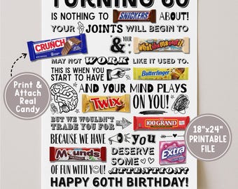 Póster imprimible de dulces para el 60 cumpleaños, tarjeta divertida de dulces de última hora para "Nacido en 1966", letrero para barra de dulces para decoraciones de fiesta, descarga instantánea.