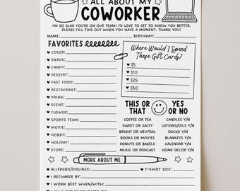 Lijst met favorieten van medewerkers, alles over mijn collega afdrukbaar, sjabloon vragenlijst favoriete dingen, enquête All About Me, bewerken met Canva