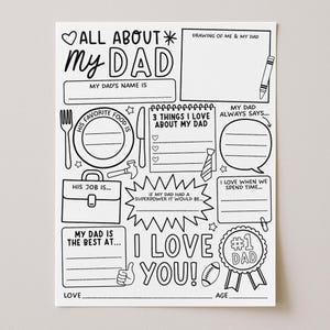 May include: Black and white fill-in-the-blank style Father's Day activity sheet. The sheet includes prompts such as "My Dad's Name Is," "His Favorite Food Is," and "I Love You!" with decorative elements like a fork, knife, and football.