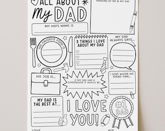 All About My Dad, All About My Papa Coloring Page Printable, Dad Questionnaire, Fathers Day Card Birthday Gift , Digital Download