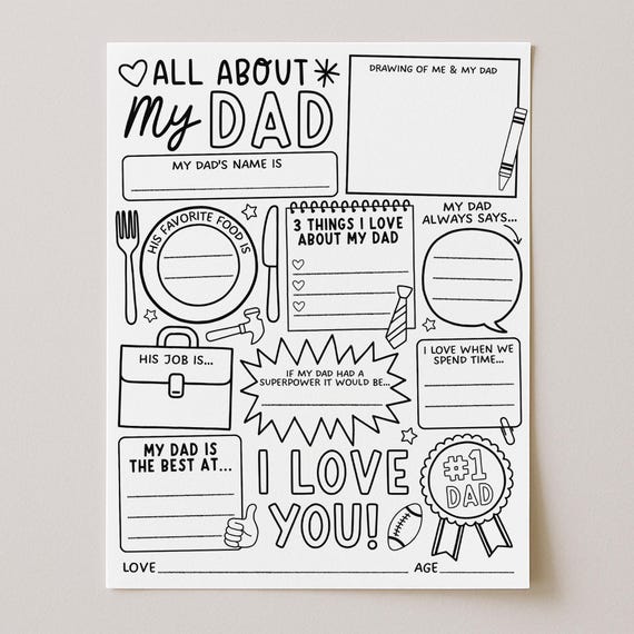All About My Dad, All About My Papa Coloring Page Printable, Dad Questionnaire, Fathers Day Card Birthday Gift , Digital Download