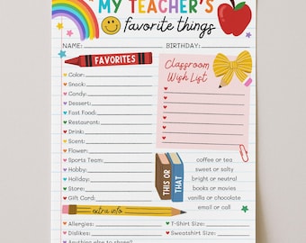 Sjabloon lijst met favoriete dingen voor docenten, afdrukbare vragenlijst voor docenten, enquête over mijn docentklas, bewerken met Canva