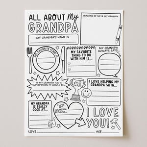 Peut inclure: Feuille d'activité en noir et blanc intitulée "All About My Grandpa". Comprend des invites pour la nourriture préférée, les activités et un espace de dessin. Un cadeau amusant pour la fête des pères.