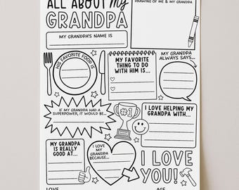 All About My Grandpa Questionnaire, Grandparents Day Coloring Page Printable, Fathers Day Or Birthday Gift, Digital Download