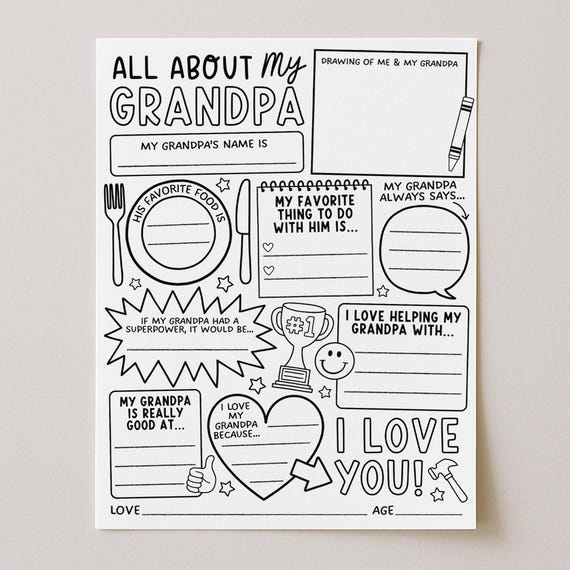 All About My Grandpa Questionnaire, Grandparents Day Coloring Page Printable, Fathers Day Or Birthday Gift, Digital Download