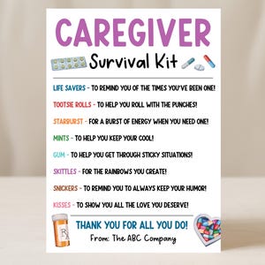 Könnte beinhalten: Eine weiße Karte mit den Worten "CAREGIVER Survival Kit" in Lila und Schwarz. Die Karte listet verschiedene Süßigkeiten und ihren Zweck auf, wie z. B. Life Savers, Tootsie Rolls und Skittles. Der untere Teil der Karte lautet "THANK YOU FOR ALL YOU DO!"