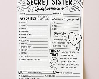 Encuesta imprimible para hermanas secretas, cuestionario para amigas secretas, para conocerse, lista de cosas favoritas, lista de deseos para intercambio de regalos editable
