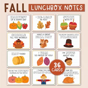 May include: A set of 36 printable autumn lunchbox notes featuring seasonal illustrations like pumpkins, turkeys, squirrels, and hay bales. Each card includes lined paper backgrounds and humorous autumn-themed text such as Harvest Up A Happy Day, I Be-Leaf In You, Stick With It, Gobble Till You Wobble, Have A Great Fall Day, You're My Favorite Little Pilgrim, Hay There, I Yam So Proud Of You, I'm Nuts About You, You're The Cutest Pumpkin In The Patch, and I Am So Thankful For You.