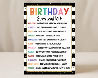 Birthday Survival Kit Tag, Funny Gag Gift For Friends Coworker, Old Age Humor, Care Package Gift Basket Favor Bag Tags DIY, Edit With Canva