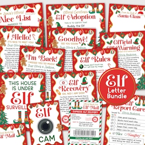 May include: A collection of Christmas-themed printable cards and certificates featuring red and green borders with ornaments. Text includes Nice List, Elf Adoption, Elf Rules, Elf Recovery, Elf Cam, and Elf Mail with North Pole delivery details.