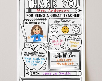 All About My Teacher, Teacher Appreciation Coloring Page Letter, End Of School Year Thank You Gift, Digital Download