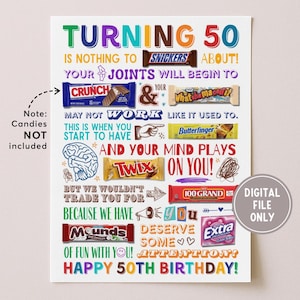 May include: A colorful digital print for a 50th birthday. The design features the words "TURNING 50" and various candy bar names, with humorous text. The print is a digital file only.