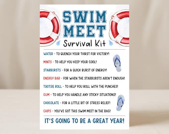 Könnte beinhalten: Eine weiße Karte mit den Worten "SWIM MEET Survival Kit" in Blau. Die Karte enthält eine Liste von Artikeln wie Wasser, Minze und Schokolade, mit einer Flip-Flop-Grafik. Der Satz "IT'S GOING TO BE A GREAT YEAR!" steht unten.