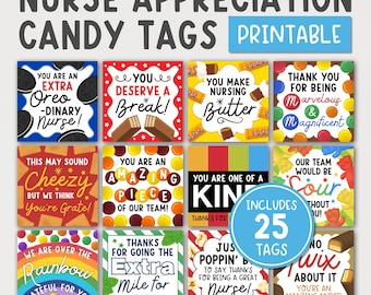 Etiquetas para dulces y refrigerios de agradecimiento a las enfermeras, imprimibles para regalos de la Semana de la Enfermería, agradecimiento al personal, 25 diseños, descarga instantánea