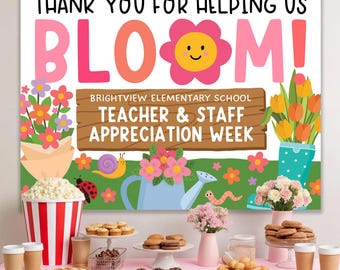 Floral thema Teacher Appreciation Week banner afdrukbaar, bedankt dat je ons hebt geholpen met bloeien, lentetuin Teacher Week poster, bewerken met Canva