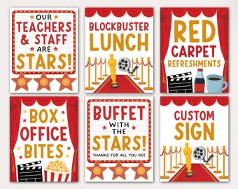 Filmthema leraar waardering borden, Hollywood rode loper leraar week sjabloon, ontbijtlunch bedankt tafelbord, bewerken met canvas