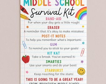 Middle School Survival Kit Tag, Back To School Gifts For Students, End Of Year Gift, First Day Of School, Edit With Canva