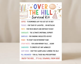 Over The Hill Birthday Survival Kit Tag, Funny Gag Gift For Friends, Over The Hill Old Age Humor, Care Package Favor Tags, Edit With Canva